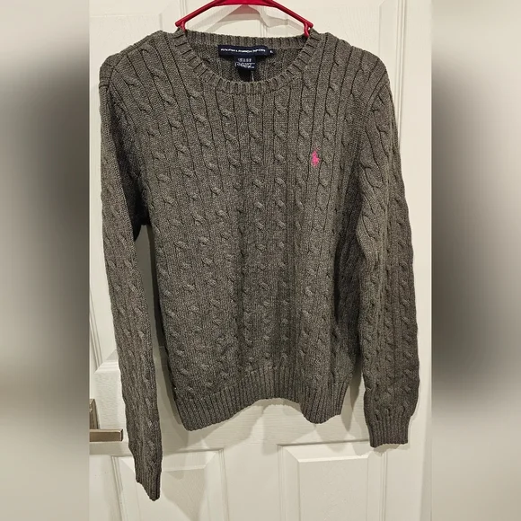 NWT Ralph Lauren Sport Women's Gray Cable Knit Pullover with Pink Logo Size-XL - Picture 4 of 12